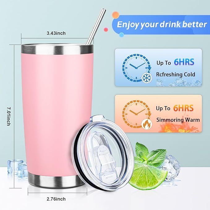 ATIKZHE 20oz Tumbler with Straw and Brush, Stainless Steel Vacuum Insulated tumbler, Double Wall Insulated Coffee Tumbler for Outdoor, Home, Travel,Office (Light Pink,1pcs)