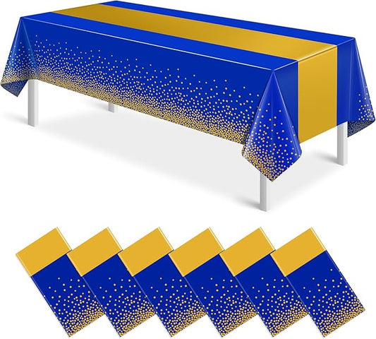 6Pcs Blue and Gold Tablecloth Party Decorations,Plastic Royal Blue Table Cloth Printed Gold Table Runner Disposable Rectangle Table Cover for Birthday Anniversary Wedding Graduation Party,54 x108 Inch