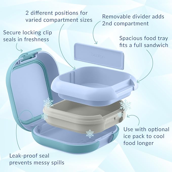 Bentgo Chill Mini Leak-Proof Lunch Box ??Built-In Ice Pack Keeps Food Cold, 2.7-Cup Capacity for Snacks or a Sandwich, 3 or 4 Compartments, PFAS & BPA-Free, Ideal for Adults & Kids 3+ (Tide Blues)