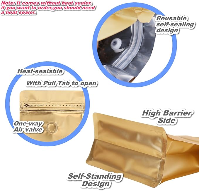 150 Pack High Barrier Stand-Up Coffee Bean Bags with Vented Valve, Matte Metallic Ziplock, Heat-Sealable and Resealable Solid Color Pouches for Food Storage, Home and Store