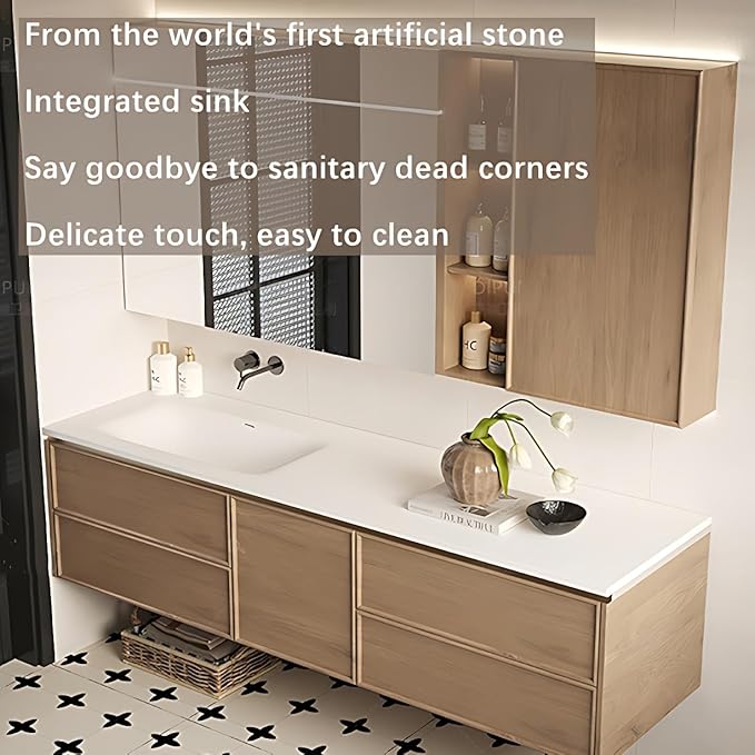 Floating Bathroom Vanity with Sink - Modern Bathroom Vanity - Includes LED Smart Defogging Medicine Cabinet & Drawer - Multi-Layer Solid Wood | Wall-Mounted