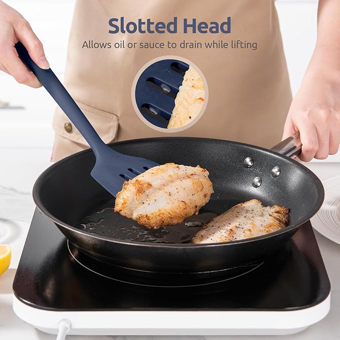 600쨘F Heat Resistant Silicone Turners: U-Taste 13.6in Long Solid & Slotted Kitchen Spatula Flipper, Food Grade Wide & Large Flexible Cooking Utensils for Flipping Eggs, Pancakes (Midnight Blue, 2PCS)