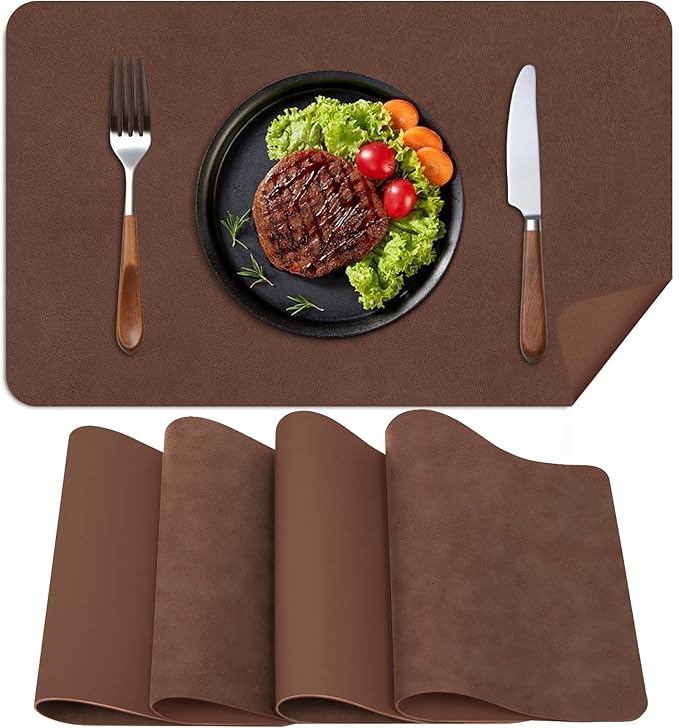 Faux Leather Placemats, Set of 4, 12''횞17' Textures on Both Sides, Heat-Resistant, Waterproof and Oil-Proof, Reversible Place Mats for Kitchen, Dining Table, Outdoor - Brown