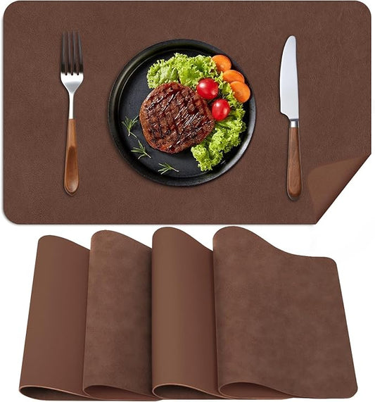 Faux Leather Placemats, Set of 4, 12''횞17' Textures on Both Sides, Heat-Resistant, Waterproof and Oil-Proof, Reversible Place Mats for Kitchen, Dining Table, Outdoor - Brown