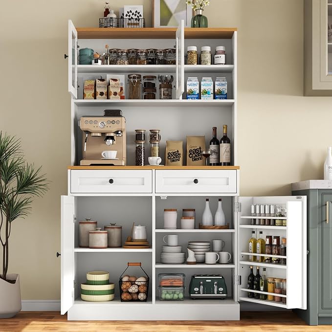 Tall Pantry Cabinet, Modern Kitchen Hutch with Microwave Stand, Kitchen Pantry Storage Cabinet with 2 Darwers & Door Shelf, Food Pantry with Glass Doors & Adjustable Shelves for Dining Room, White