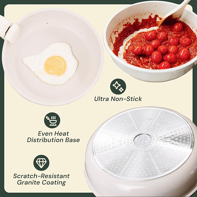 15-Piece White Granite Nonstick Cookware Set ??Detachable Handles & Tempered Glass Lids ??Stackable & Cool-Touch - Induction & Oven Safe to 480째F - Scratch-Resistant, PFOA & PFOS-Free