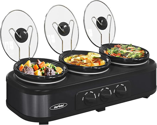 Sunvivi Triple Slow Cooker, Buffet Server & Warmer with 3 Removable Ceramic Pots, 3 Adjustable Temp Settings & 3 Metal Lid Rests, Stainless Steel, 3 * 1.5 Quarts Black