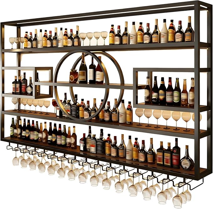 Wall Mounted Wine Rack, Modern Industrial Hanging liquor Bottles Shelves With Wine Glass Holder, Metal Floating Wine Storage Display Shelf, for Bar, Kitchen, Wine Cellar (Black, 140cm/55.1in)