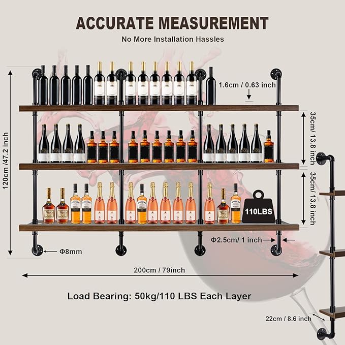 78.7-inch Modern Wall-Mounted Wine Rack with LED Lights, 3-Tier Liquor Bottle Display Bar Shelves, Industrial Wine Rack Floating Shelf, Multifunctional Wine Storage Rack for Home, Kitchen or Bar Decor