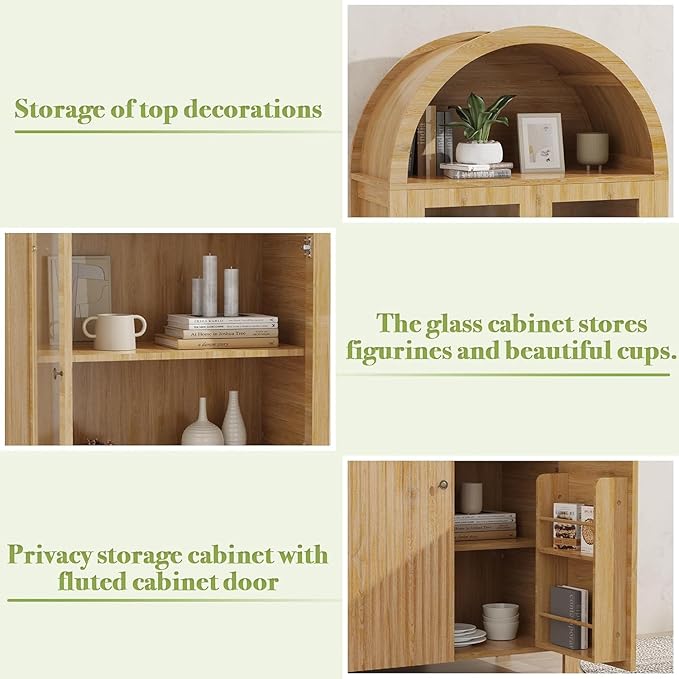 LINLUX Tall Arched Cabinet, 71??Versatile Modern Farmhouse Flute Pantry with 2 Tier Adjustable Shelves for Kitchen, Dining Room, Bathroom Anti-Tipping Device, Natural Wood