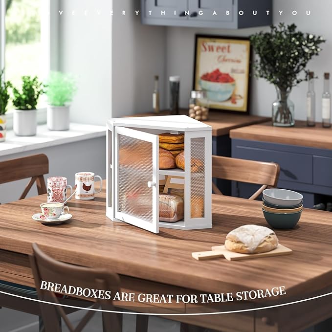 Corner Bread Box Kitchen Countertop Extra Large Capacity Farmhouse Bread Box, Corner Countertop Storage, Double Layer Bread Holder (White, Large)
