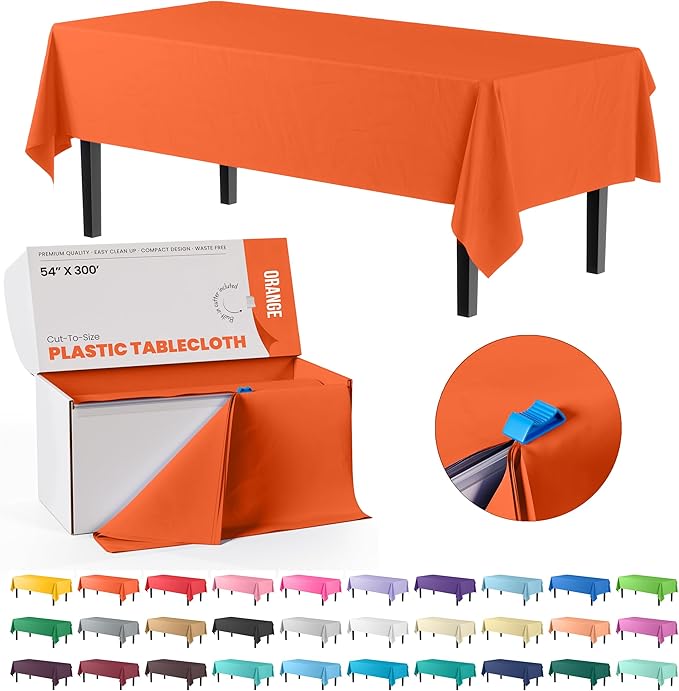 Party Solids 54 Inch X 300 Feet Orange Plastic Table Cover Roll in A Cut - to - Size Box with Convenient Slide Cutter. Cuts Up to 36 Rectangle 8 Feet Plastic Disposable Tablecloths