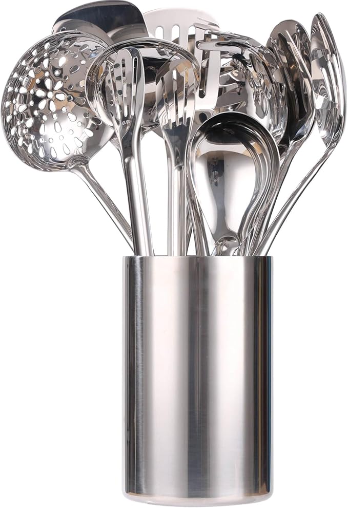18/10 Stainless Steel Kitchen Utensils Set with Holder - 15??Spatula Spoon Set with Storage Organizer for Countertop, Fork, Tongs, Spatula, Ladle, Skimmer, Turner, Spaghetti, Large Spoon Set of 12