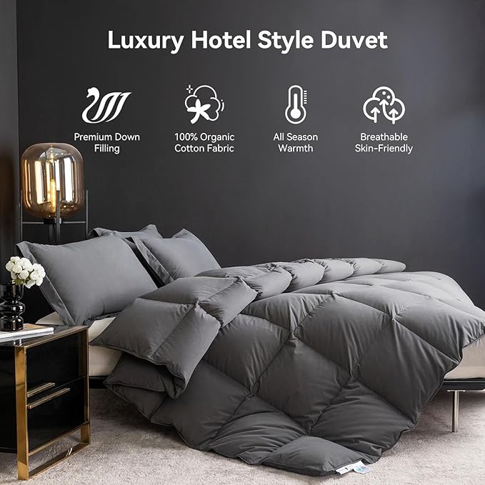 Feather Down Comforter Cal King Size,Hotel Style Bedding Comforter,750+ Fill Power,1200TC,100% Organic Cotton Fabric,All Season White Duvet Insert with 8 Corner Tabs