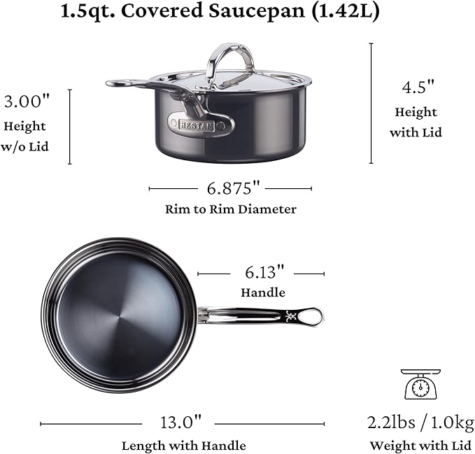 Hestan - NanoBond Collection - Titanium Stainless Steel 1.5-Quart Sauce Pan with Lid - Toxin, PFAS, & Chemical Free Clean Cookware, Induction Cooktop Compatible