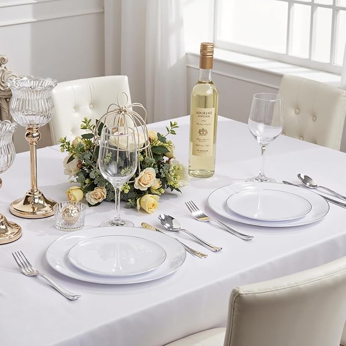 KIRE 200PCS Silver Plastic Plates - White Plastic Plates with Silver Rim Include 100 Dinner Plate and 100 for Dessert/Salad Plate for Birthday/Wedding/Party for Christmas