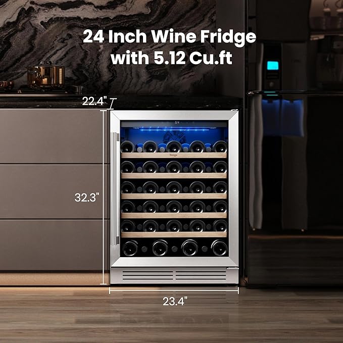 Yeego Wine Fridge Cooler - 24 Inch Wine Fridge Hold 52 Bottles, 40-65°F Wine Refrigerator Glass Door, Built in, Freestanding Under Counter Fridge for Beer Soda Drink Home Bar Office(5.12 Cu.ft)