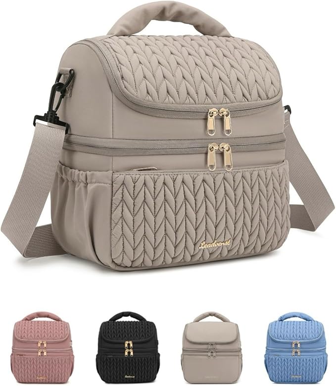 LEADVENST Lunch Bag Women, Double Deck Insulated Lunch Box - Large Capacity 12L with Detachable Divider for Tall Items, Leakproof, Durable & Reusable Cooler Bag For Work Picnic Travel, Quilted Khaki