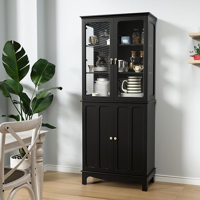 ARTPOWER 72" Freestanding Kitchen Pantry Storage Sideboard, Classical Tall Cabinet with Glass Door and Adjustable Shelves for Kitchen, Livingroom and Dining Room, Black
