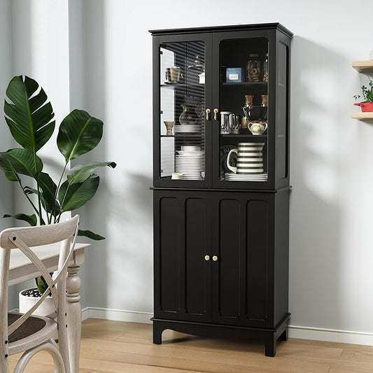 ARTPOWER 72" Freestanding Kitchen Pantry Storage Sideboard, Classical Tall Cabinet with Glass Door and Adjustable Shelves for Kitchen, Livingroom and Dining Room, Black