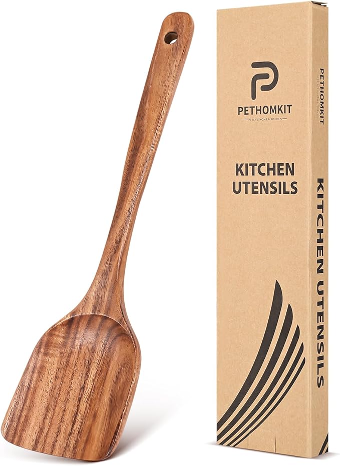 Teak Wood Spatula for Cooking, Wooden Kitchen Cooking Utensil, Large Long Handle Solid Wok Spatula Flipper with Raised Sides for Serving Scooping Frying Mixing Stirring Eggs Beans,Non-Toxic,13.4??1Pk