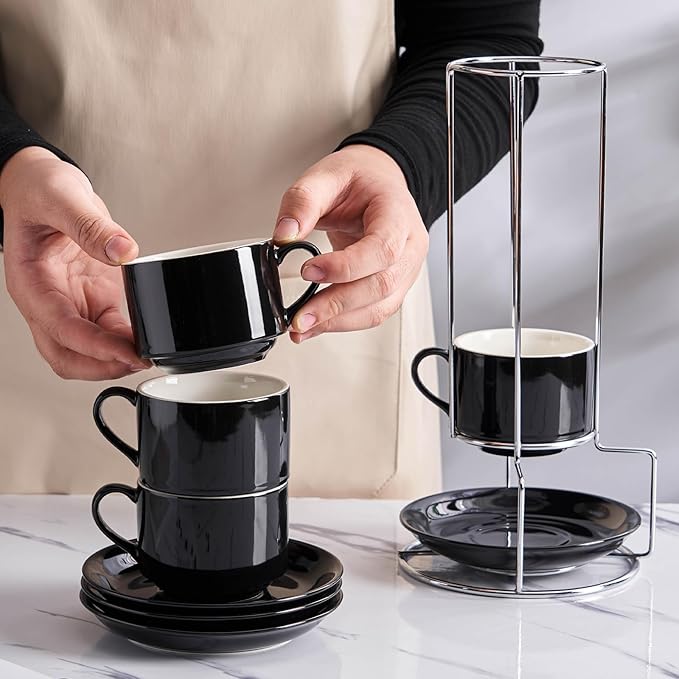 8oz Porcelain Cappuccino Cups with Saucers and Metal Stand, Stackable Coffee Cups for Specialty Coffee Drinks, Cappuccino, Latte, Espresso, Americano and Tea - Cups Set of 4, Black