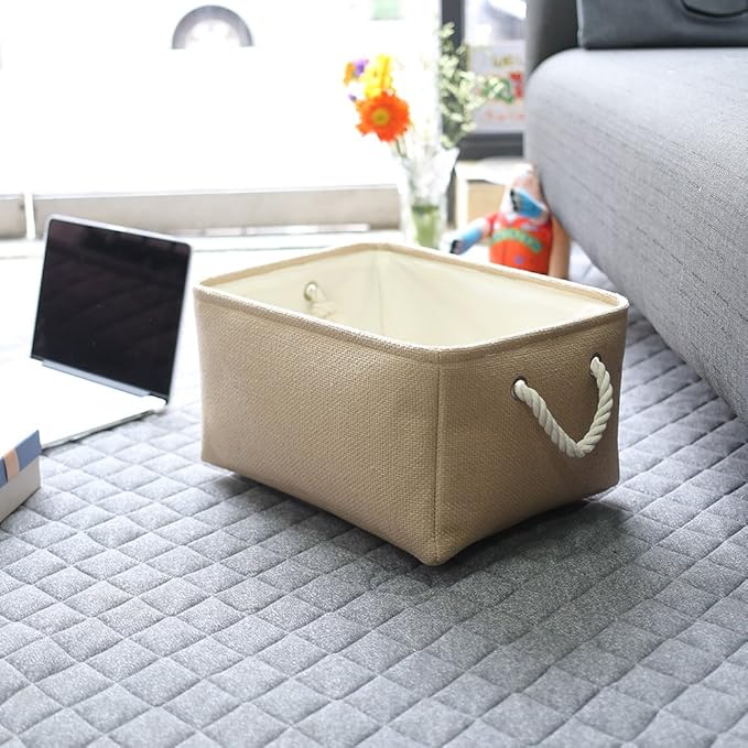TheWarmHome Decorative Basket Rectangular Small Storage Basket Fabric Storage Bin Organizer Basket with Handles for Clothes Storage (Beige, 11.8L횞7.9W횞5.2H inch)