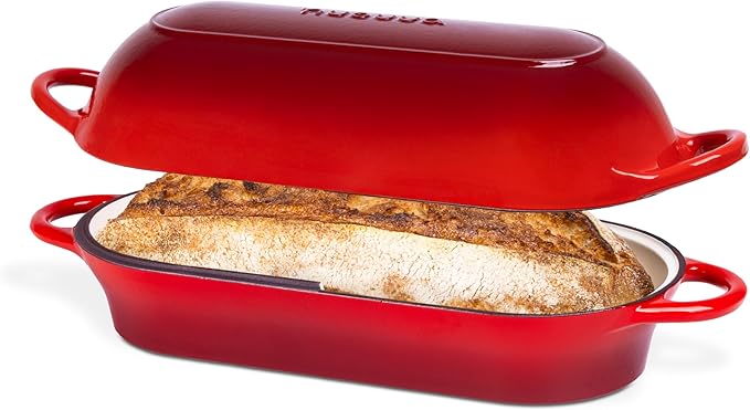 Enamelled Cast Iron Bread Loaf Pot ??Dutch Oven For Sourdough Bread Baking ??Oven Safe Non Stick Bread Pot ??Rectangular, Red, 34cm x 16cm ??by Nuovva