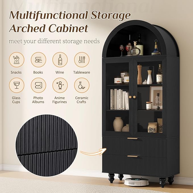 71" Tall Arched Pantry Cabinet with Glass Door, Fluted Kitchen Storage Cabinets with Shelves and Large Drawers, Wooden Buffet Cabinet Credenza for Living Room, Entryway, Coffee Station, Black