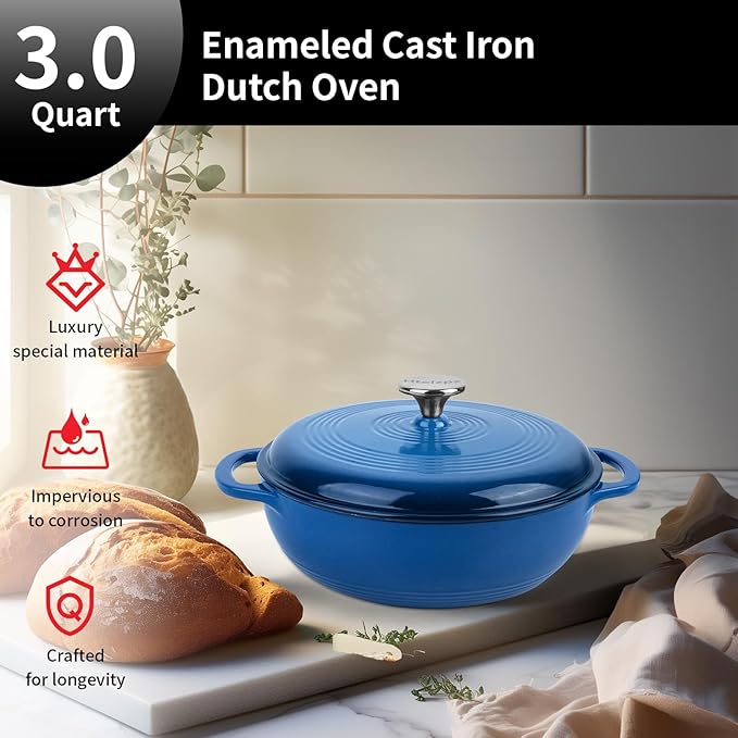 Enameled Cast Iron Dutch Oven Pot with Lid, 3 Quart Shallow Dutch Oven, Oven Safe up to 500째 F, Suitable for Bread Baking, Braising, Roasting, Stews, Blue