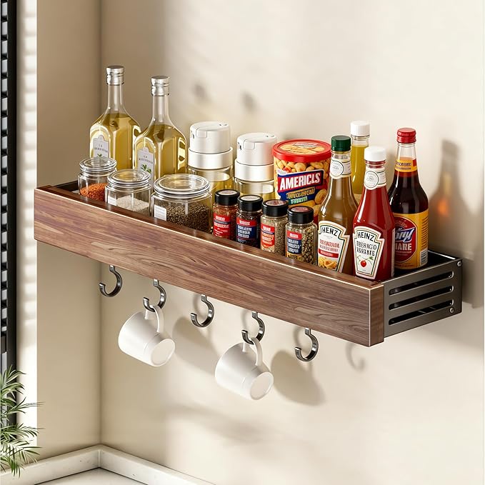 spice rack wood kitchen spice rack wall mounted adjustable adhesive or screw, hung on the door and wall, black large rack for storing items in refrigerators and ovens