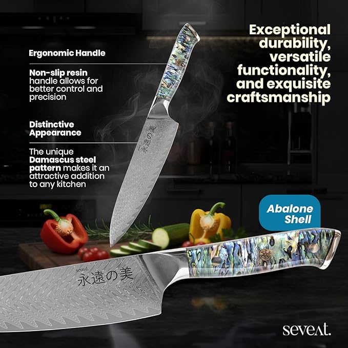 Damascus Kitchen Knife Set, 67-Layer Damascus Steel, Professional Chef Knives Set for Kitchen, Ergonomic Wood & Resin Handle (Blue, 5 pieces with Shell Handle)