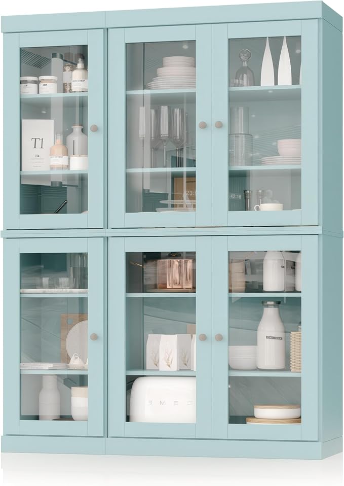 Palace Imports 100% Solid Wood 48.5" Pantry China Cabinet with Clear Glass Doors and Adjustable Shelves (Aqua)