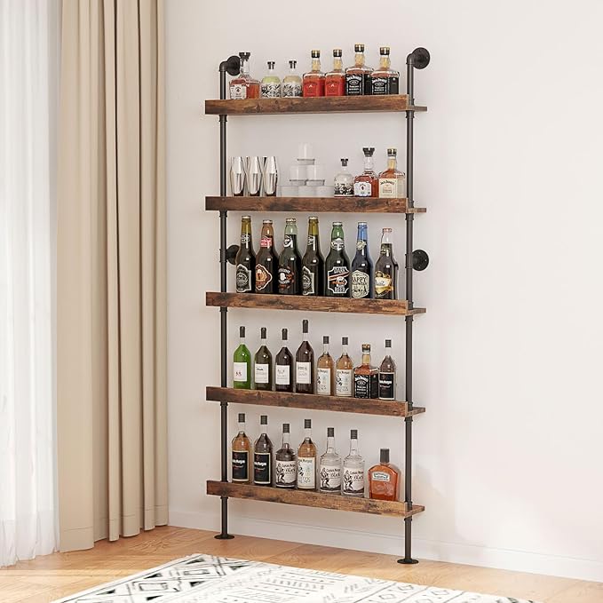 5-Tier Wall Mounted Wine Rack, Floating Bar Shelves with LED, Liquor Bottle Shelf Display, Holds 30+ Bottles, Space Saving (31.5" W x 79" H x 8.6" D)