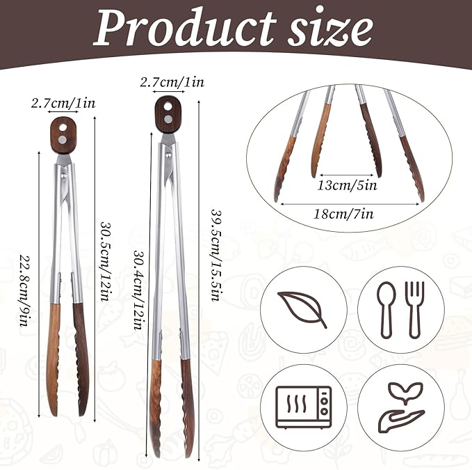 12 & 15 Inch Long Wooden Tongs for Cooking & Serving Food, Kitchen Stainless Steel Salad Tongs with Walnut Wood Tip, Smooth Locking & Hanging Cooking Utensils Set, Non-Slip, Heat Resistant, Pull Lock