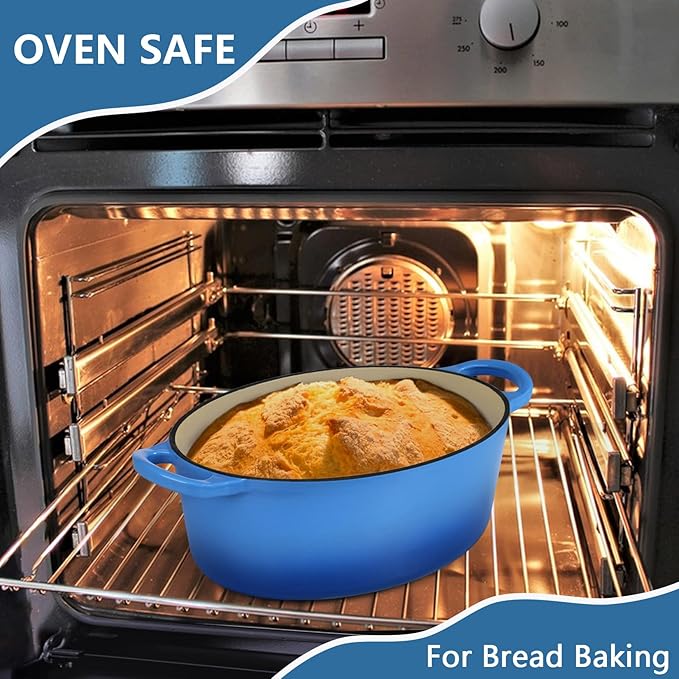P&P CHEF Oval Dutch Oven with Lid, Enameled Cast Dutch Oven Pot for Bread Baking, Braising, Stewing, Roasting, Non-Stick & Oven Safe, Dual Handles & Easy Clean, 5QT & Blue
