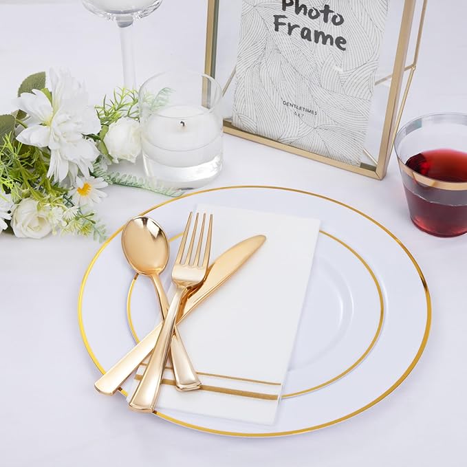 SUT 175 PCS Plastic Plates, 175 Pieces Disposable Heavy Duty for 25 Guests, White Gold Geometric Pattern Dinner Plates with Napkins and Cups, BPA Free