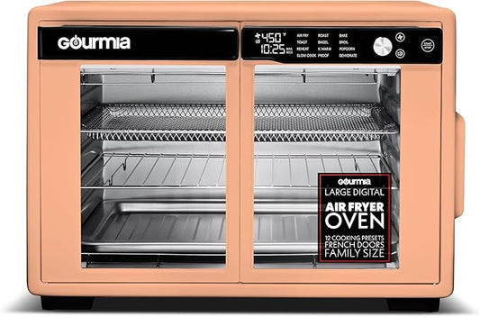 Gourmia French Door Air Fryer Oven - 37 Qt Large Capacity Convection Toaster Oven, FryForce 360°, Digital Display, 12 Cooking Presets, Dehydrate, Fits 13??Pizza, Dishwasher-Safe, Peach