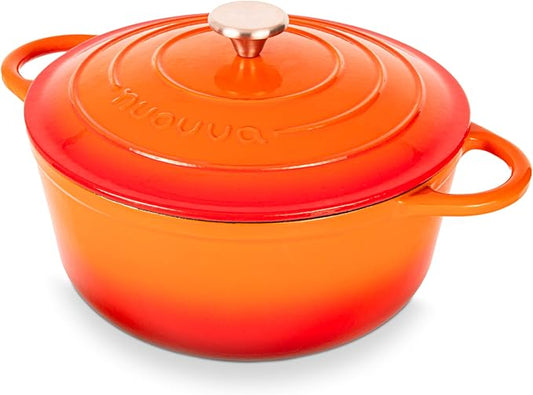 Nuovva Enamelled Cast Iron Dutch Oven Pot with Lid ??6.4 Quart Non Stick Casserole Pot ??Heavy Duty & Oven Safe up to 500째 F for Bread Baking, Braising, Stews, Roasting ??28cm Orange