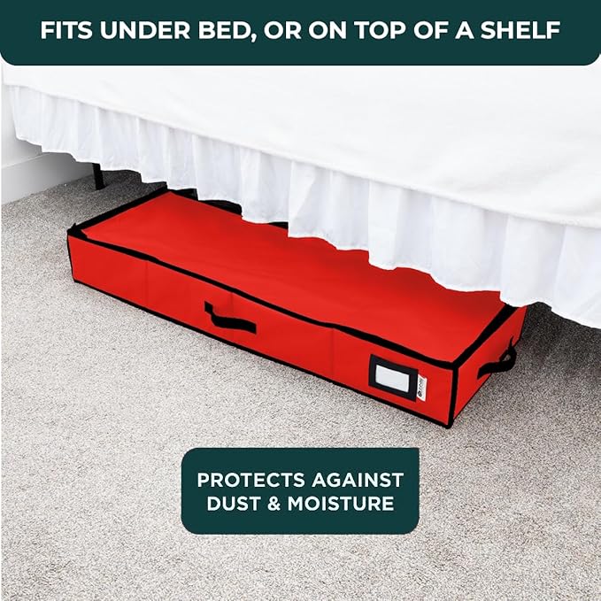 HOLDN??STORAGE Premium Wrapping Paper Storage Container - Durable 600D Tear-Proof, Fits 27 Rolls Gift Wrap, Extra Pockets for Ribbons & Bows, Underbed Storage - Ideal for Holiday Christmas, Red