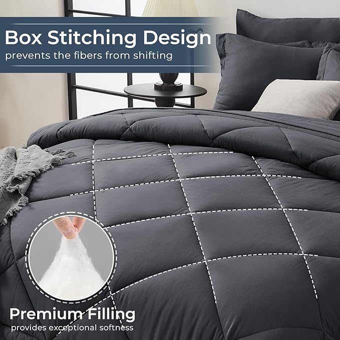 HEVUMYI California King Comforter Set - 7-Piece All Season Bed in a Bag Cali-King, Ultra Soft Bedding Set with Comforter, Flat Sheet, Fitted Sheet, Pillowcases, Pillow Shams, Dark Grey