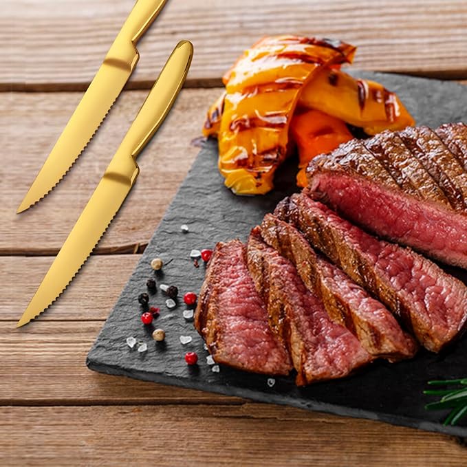 Gold Steak Knives Set of 6, Stainless Steel Serrated Kitchen Knife Set, Heavy Duty Dinner Knives for Cutting Meat, Beef, 8.6 Inch, Dishwasher Safe