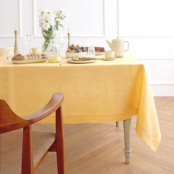 Solino Home Linen Tablecloth 60 x 120 Inch - 100% Pure Linen Chambray Mustard Yellow Table Cloth for Rectangular Tables - Athena, Machine Washable Cloth Tablecloth
