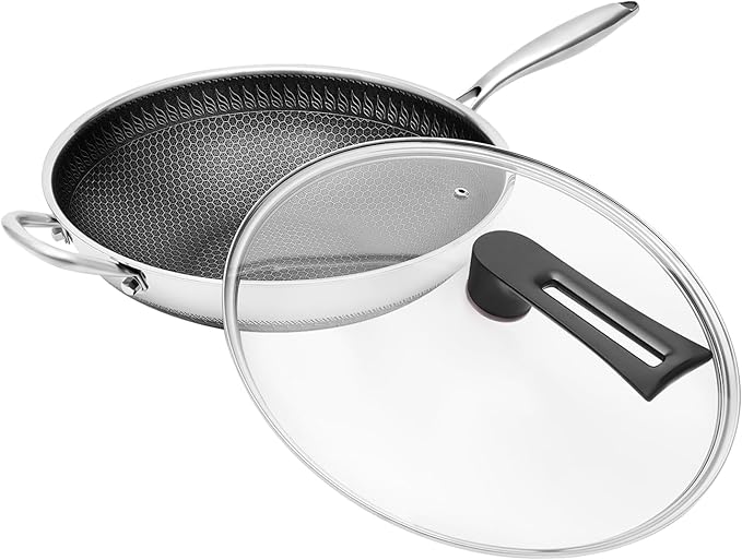SUS 316 Stainless Steel Wok, Nonstick Frying Pan & Skillet with Lid, Induction Compatible Cookware, Honeycomb Wok Pan for Stir-Frying Saut챕ing Home Kitchen Camping Cooking (34cm)