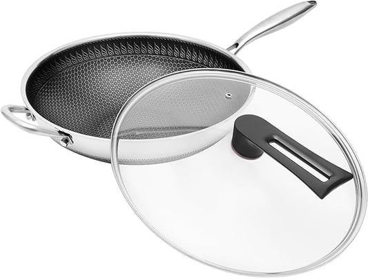 SUS 316 Stainless Steel Wok, Nonstick Frying Pan & Skillet with Lid, Induction Compatible Cookware, Honeycomb Wok Pan for Stir-Frying Saut챕ing Home Kitchen Camping Cooking (34cm)