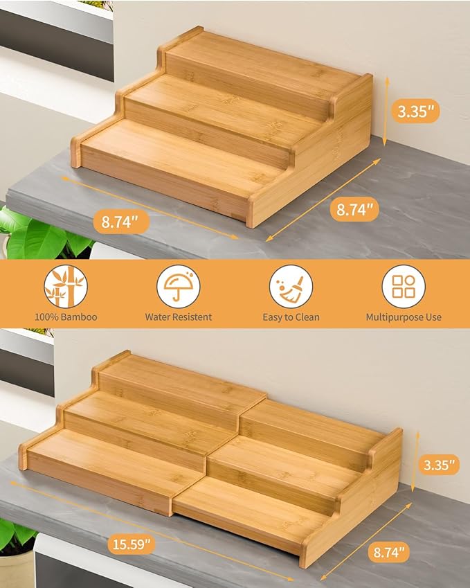 Spice Rack, 3-Tier Expandable Bamboo Spice Rack Organizer for Cabinet, Kitchen, Pantry and Cupboard Storage Organizer(2pack)