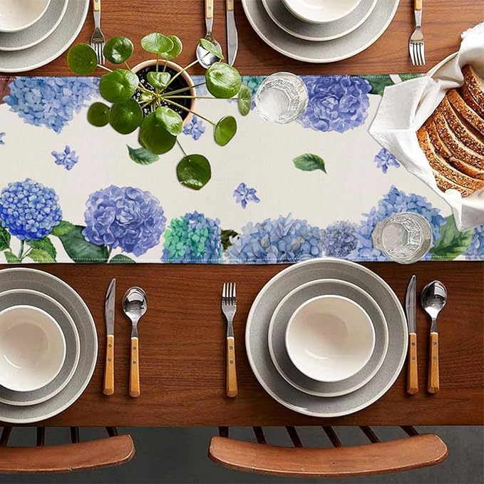 ZCHOMI Purple Hydrangea Table Runner 13x72 Inch Seasonal Spring Summer Green Plants Kitchen Dinning Table Decoration for Indoor Outdoor Birthday Home Party Decor