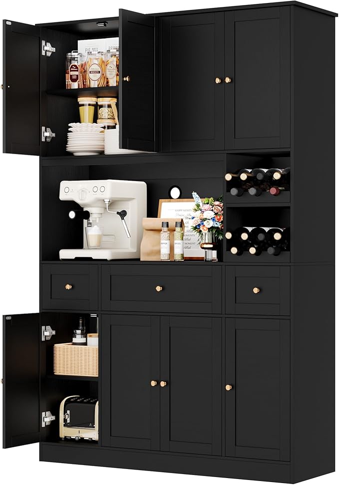 72" Tall Black Pantry Cabinet, Kitchen Hutch with Wine Rack, Microwave Stand, Buffet Cabinet with Hutch for Dining Room Kitchen, Home Bar Black