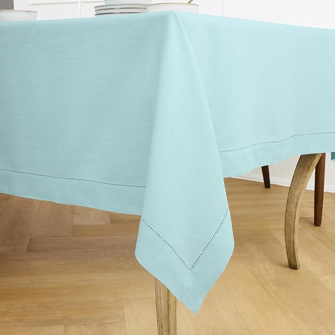 Solino Home Linen Tablecloth for Rectangle Tables 60 x 90 Inch - Classic Hemstitch 100% Pure Linen Aqua Blue Table Cloth - Machine Washable Cloth Tablecloth for Spring, Easter