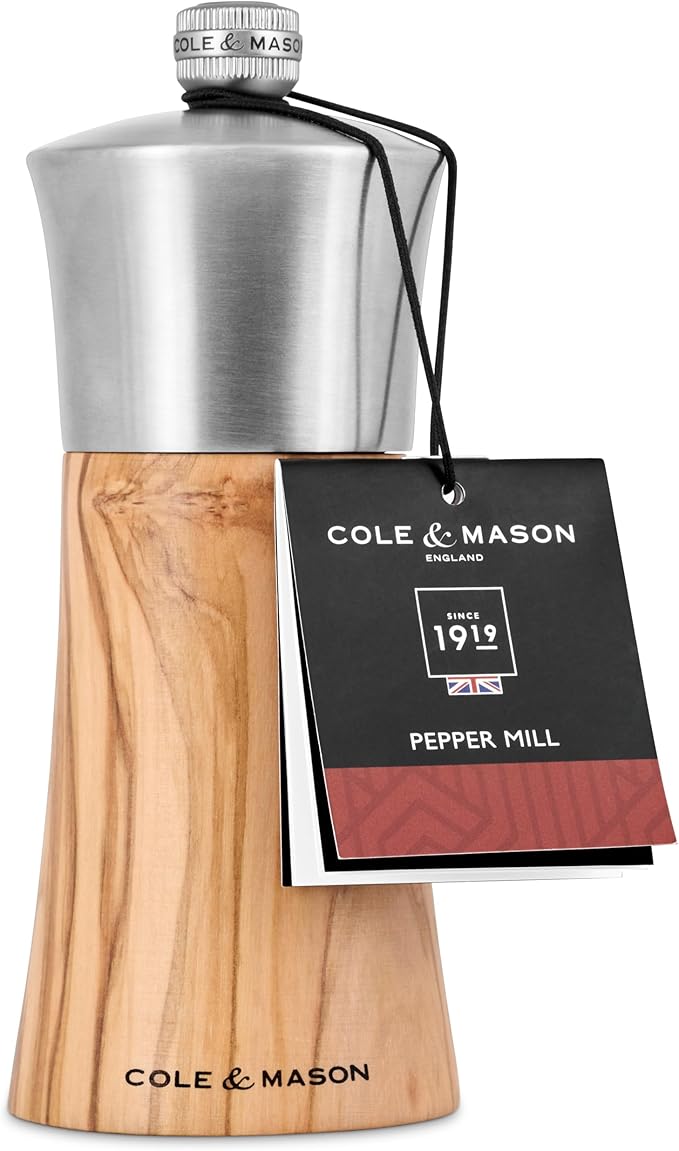 Cole & Mason Bromley Pepper Mill, 6" - Pepper Grinder with Ultra-Sharp Grinding Mechanism - Flavor-Enhancing Pepper Shaker - Refillable Mill with Adjustable Grinding - Olive Wood, Pepper Mill